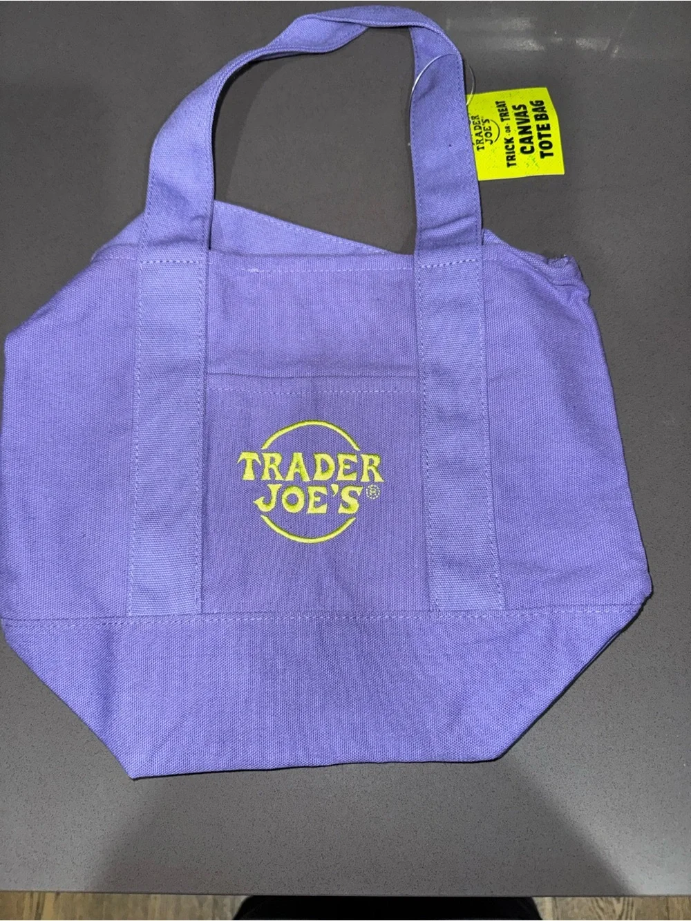 Trader Joe's Fall Halloween Purple Canvas Tote with Yellow Logo
